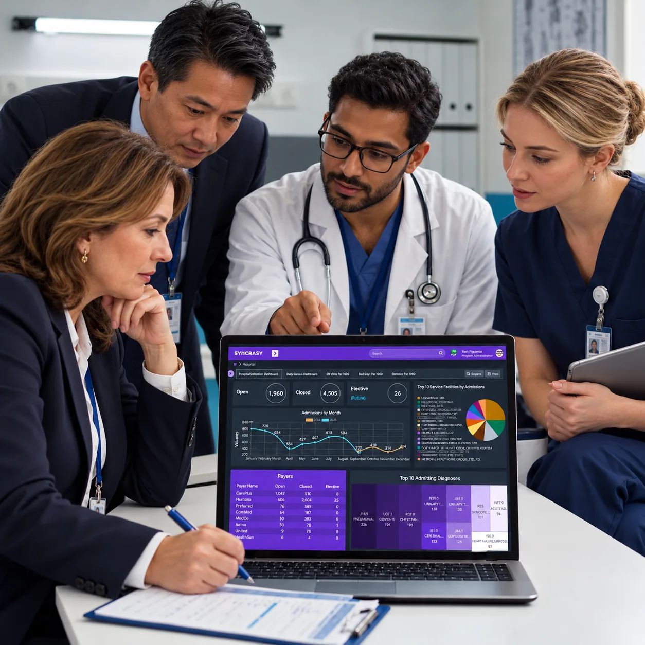 Clinicians reviewing performance data on a laptop