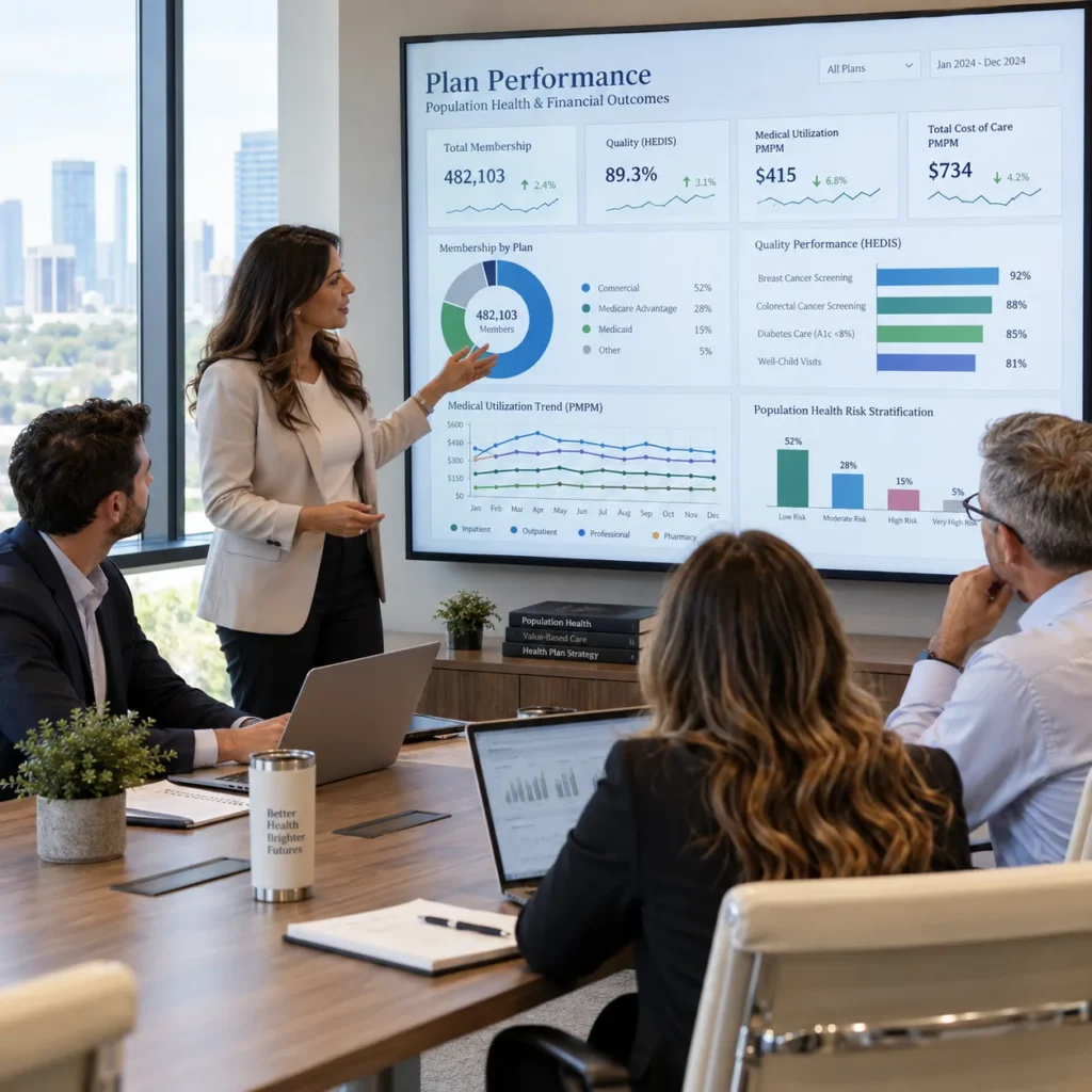 Health plan team reviewing plan performance