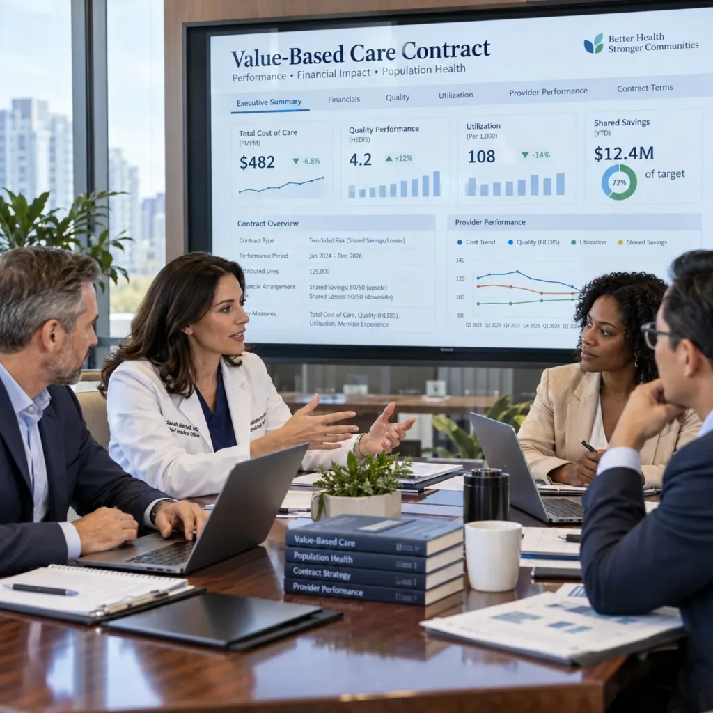 Provider organization leaders reviewing a value-based care contract